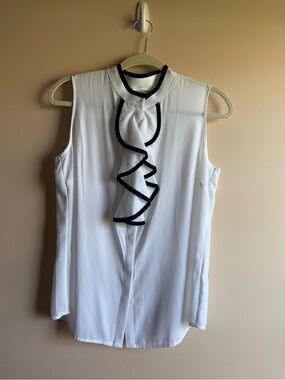 Calvin Klein White Sleeveless Ruffle Blouse with Black Trim